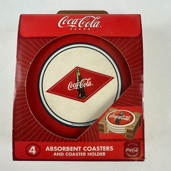 Coca-Cola Brand Absorbent Coasters Set With Wood Holder Stoneware - Picture 1 of 4
